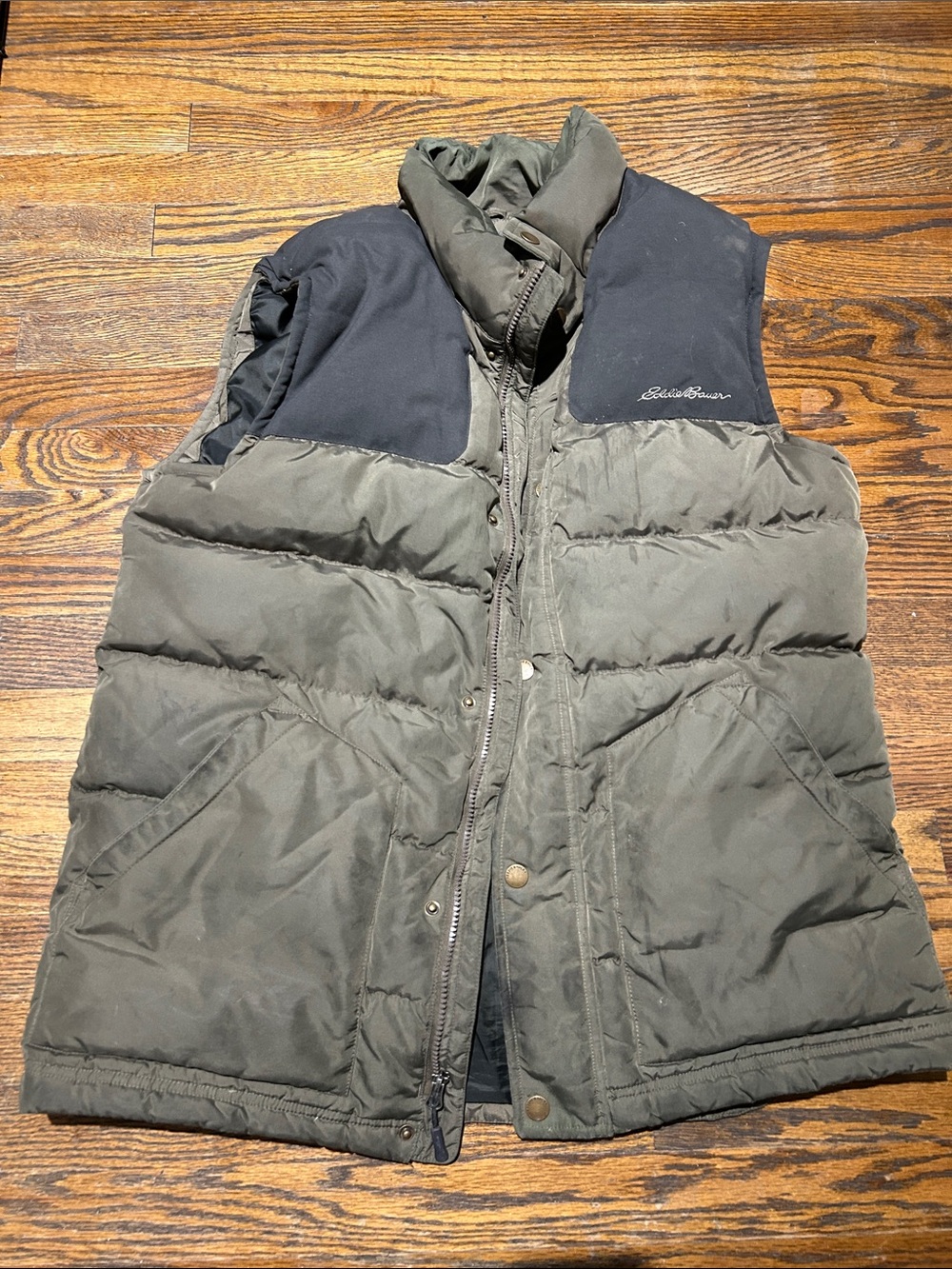 Eddie Bauer Olive and Black Quilted Down Vest